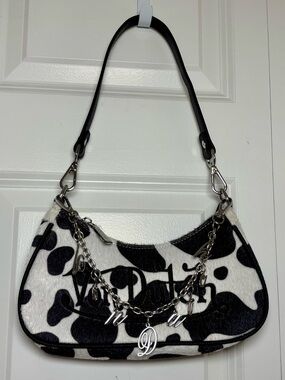 VON FUTCH Black Cow Print Classic Logo Shoulder Handbag